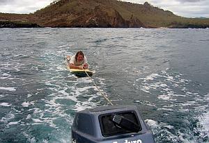 Riding the tow-rope back outside at Chicken Hill in the Galapagos Islands.